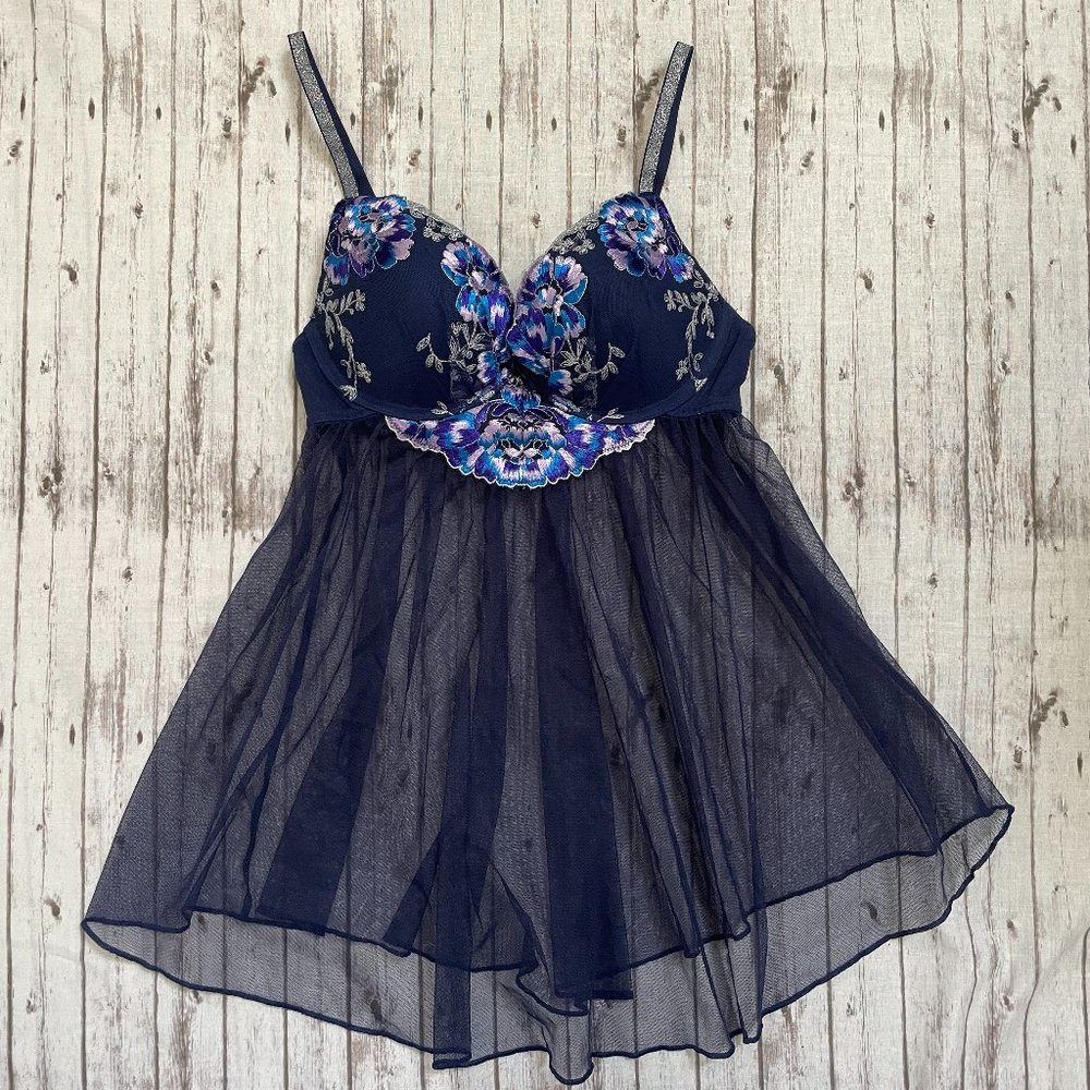 Victorias Secret Womens Sz 34B Babydoll Blue Sheer Lace Lingerie Negligee Floral